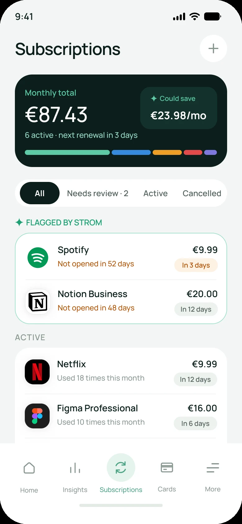 Strom subscriptions screen with two flagged subscriptions