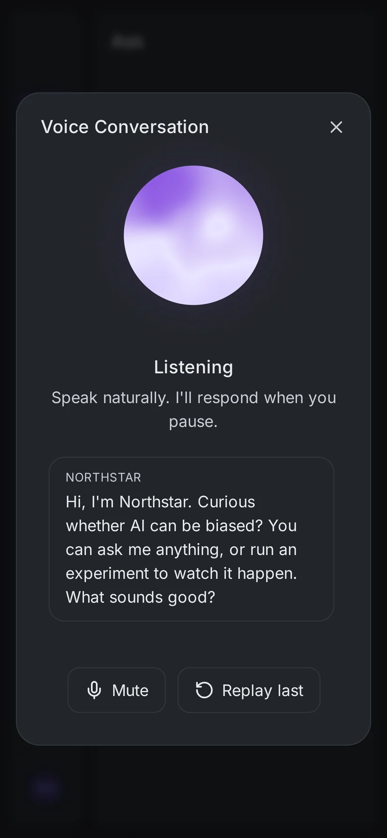 Voice conversation on a phone: the orb is listening, with the guide's greeting shown as text, and Mute and Replay last buttons